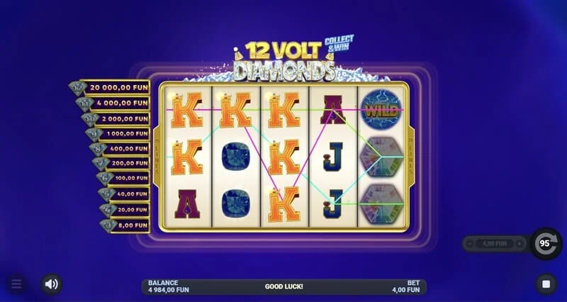 12 Volt Diamonds — galvenais spēles ekrāns ar 5x4 režģi